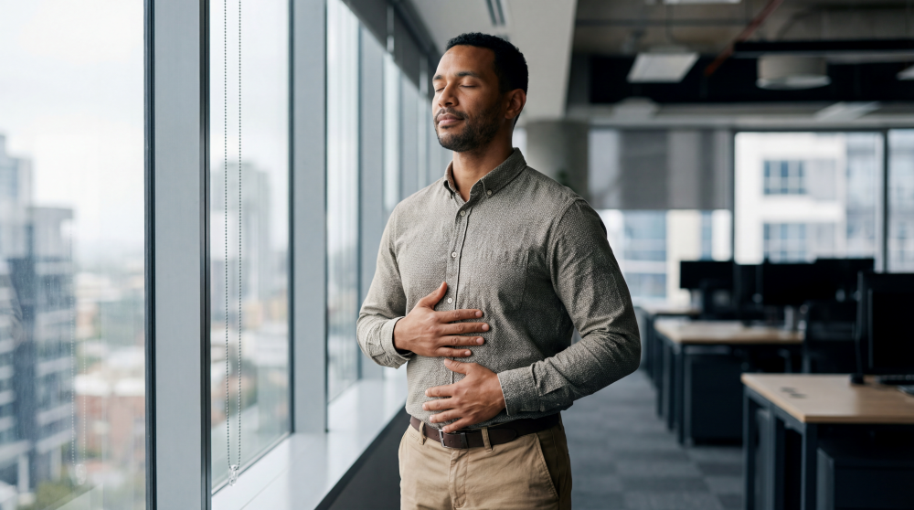 man not feeling well in the workplace